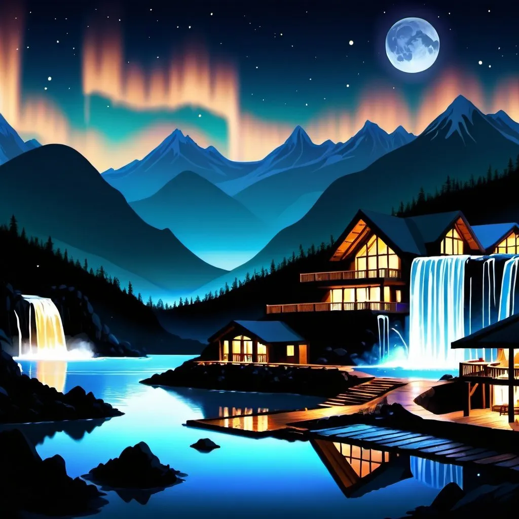 Prompt: wide mountain range, waterfall in from a mountain, lodge, night sky, dynamic warm lights, sea monster, pond