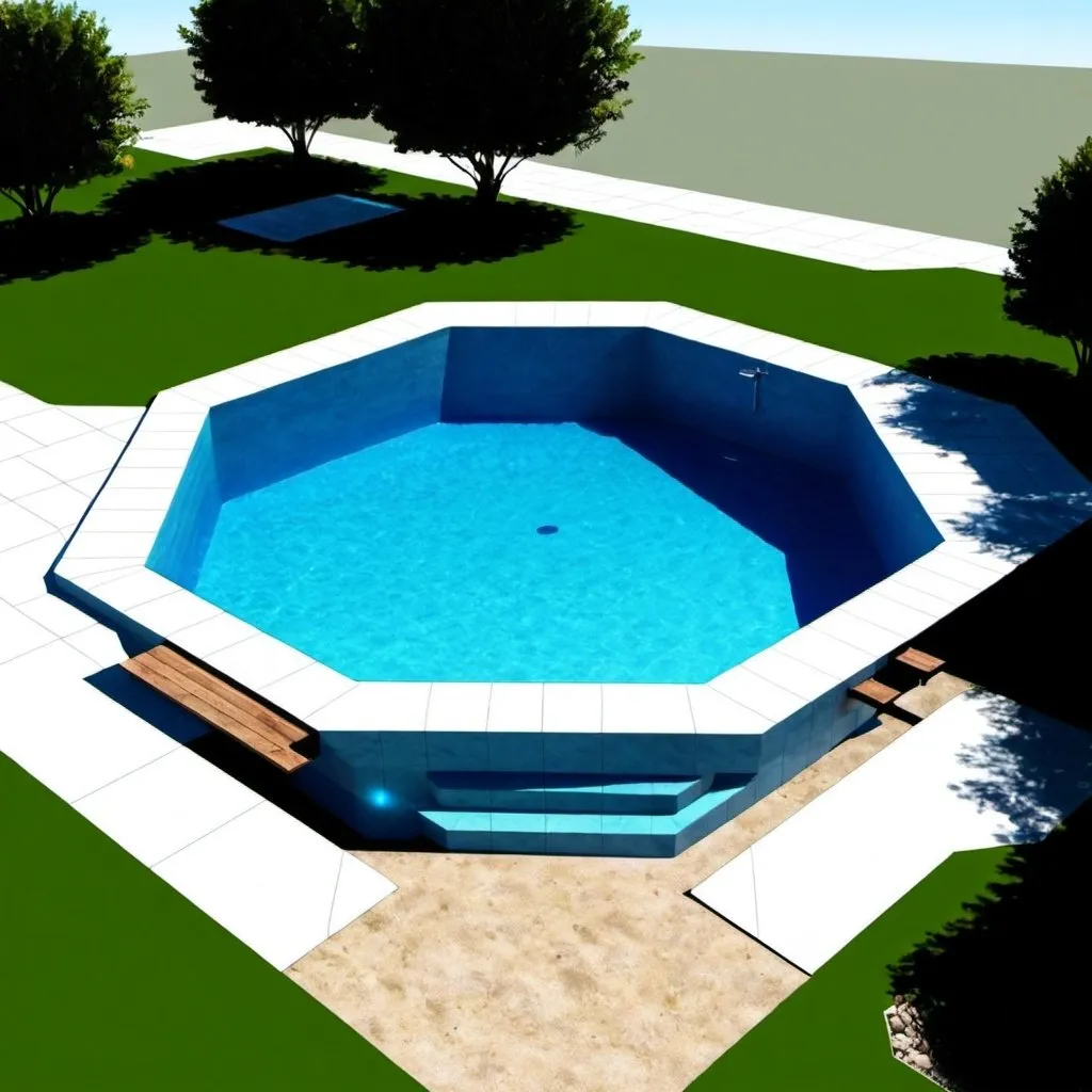 Prompt: 2 floor natural swimming pool.
First external floor is a 4m radius regular octagon 
Within the first octagon a second deeper regular octagon with 2m radius. 
Rocky clean flooring
