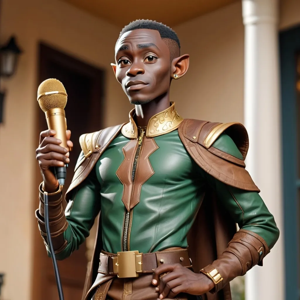 Prompt: Male African elf, with a leather outfit, a waist porch with a golden microphone in it