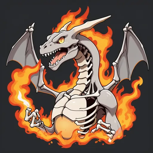 Prompt: Anime-style illustration of a friendly, skeletal Charizard pokemon, breathing smoke and fire, sustainability-themed, detailed bones, vibrant flames, eco-friendly message, high quality, anime, friendly design, sustainability theme, skeletal appearance, vibrant flames, eco-conscious, detailed bones, professional, atmospheric lighting make it extreamly muscular. make it grey
