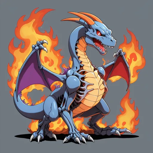 Prompt: Anime-style illustration of a friendly, skeletal Charizard pokemon, breathing smoke and fire, sustainability-themed, detailed bones, vibrant flames, eco-friendly message, high quality, anime, friendly design, sustainability theme, skeletal appearance, vibrant flames, eco-conscious, detailed bones, professional, atmospheric lighting make it extreamly muscular. make it grey. make it breathe grey,blue and red fire with a touch of purple

