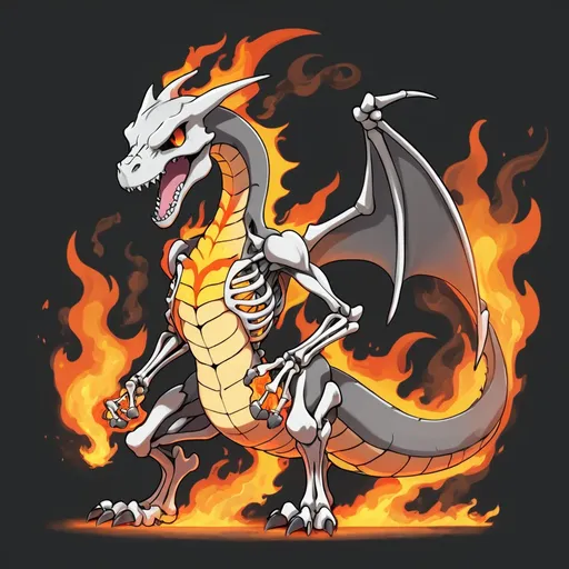 Prompt: Anime-style illustration of a friendly, skeletal Charizard pokemon, breathing smoke and fire, sustainability-themed, detailed bones, vibrant flames, eco-friendly message, high quality, anime, friendly design, sustainability theme, skeletal appearance, vibrant flames, eco-conscious, detailed bones, professional, atmospheric lighting make it extreamly muscular. make it grey
