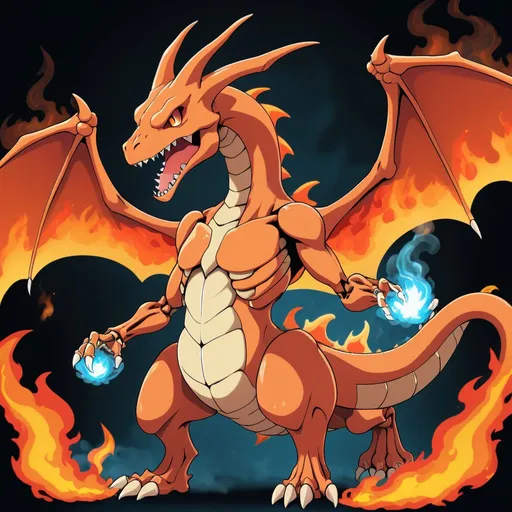 Prompt: Anime-style illustration of a friendly, skeletal Charizard pokemon, breathing smoke and fire, sustainability-themed, detailed bones, vibrant flames, eco-friendly message, high quality, anime, friendly design, sustainability theme, skeletal appearance, vibrant flames, eco-conscious, detailed bones, professional, atmospheric lighting make it extreamly muscular
