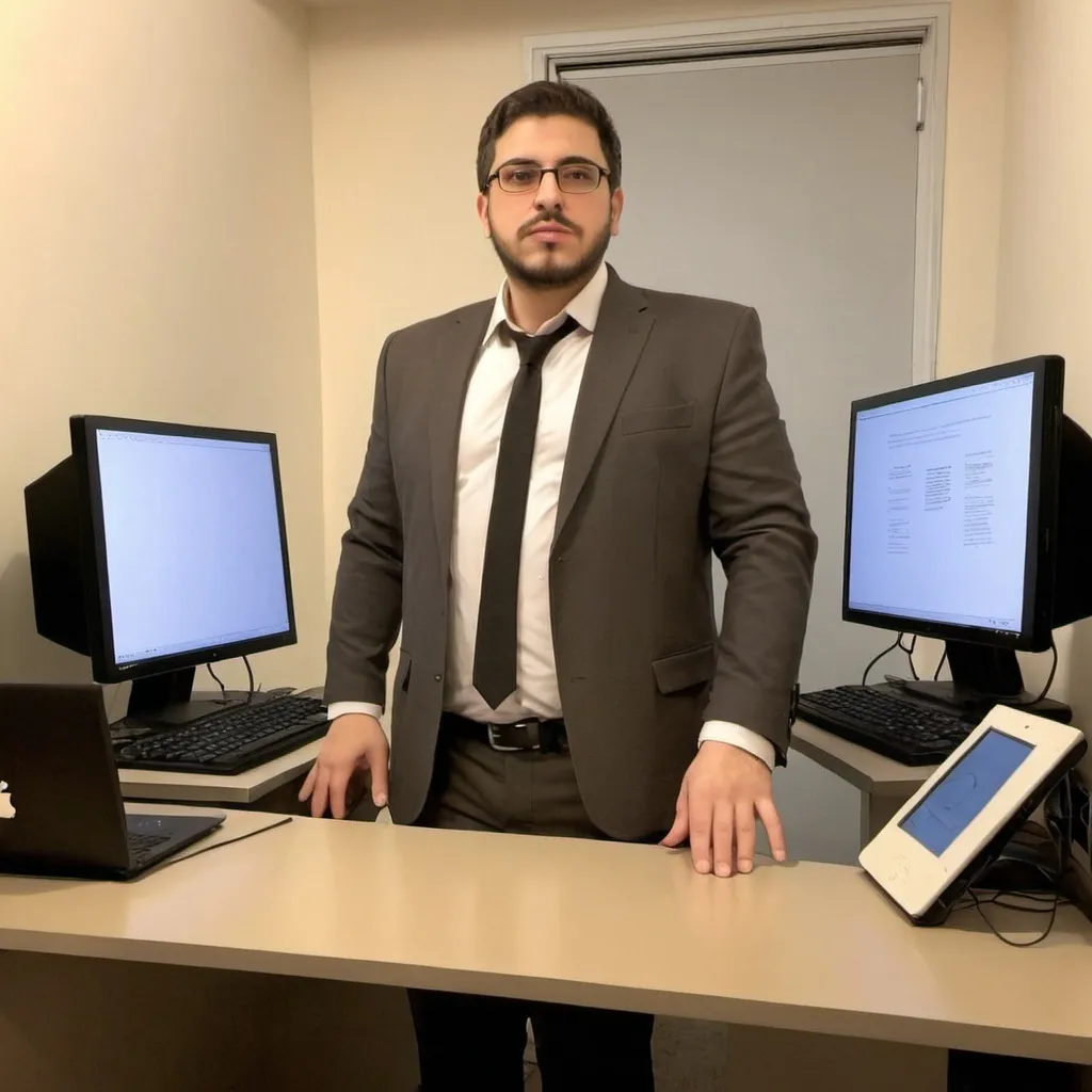 Prompt: a cartoon of a man in a suit and tie standing in front of a computer desk with two laptops, Asaf Hanuka, les automatistes, graphic novel, a comic book panel