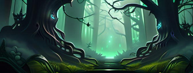 Prompt: (mystical dark forest), (fantasy art), enchanting lighting, deep shadows, ethereal fog, dark green foliage, twisted trees, luminescent creatures hiding among the flora, atmospheric depth, high detail, (digital art), otherworldly ambiance, whispers of ancient magic, evoking a sense of mystery and wonder, 4K quality, ultra-detailed composition.