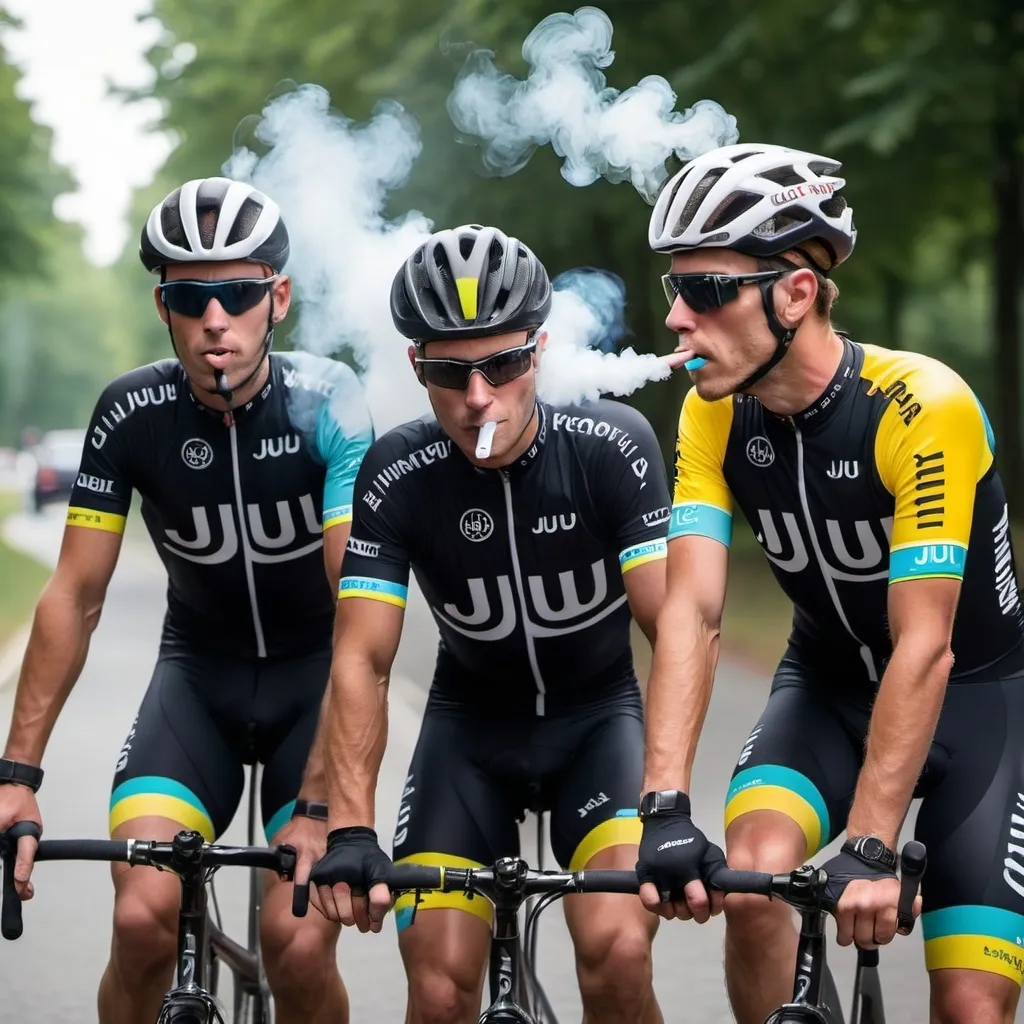 Prompt: A team of Professional cyclists called “Juul” smoking a e cigarette 