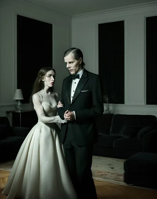 Prompt: A middle-aged couple wearing formal dark clothing to attend a funeral stand in the middle of their living room, motionless as
ethereal, ghostly figures swirl around them threateningly, possibly with evil intent. The living room is dark because the power went out, but you can still see the faintly glowing apparitions due to yellowish moonlight streaming into the living room window. The couple look shocked and terrified.