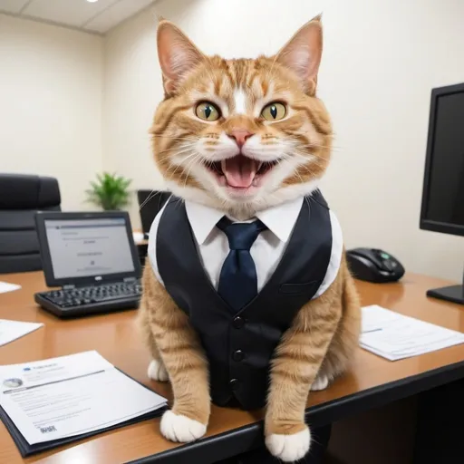 Prompt: a cat working in office happy because got training invitation. he so happy because he can off from his work and stay in hotel. 