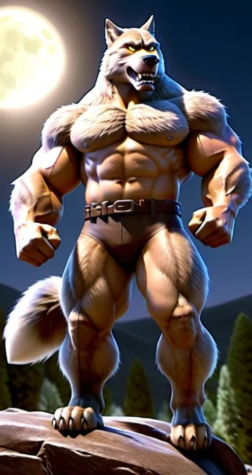 Prompt:  ripping wolf howling at the moon, hairy, furry, buff, hot, attractive, massive pecs, large groin area 