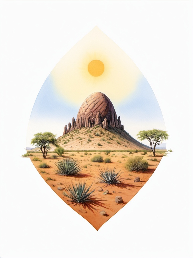 Prompt: a painting of a dome shaped inselberg in a hot semi arid climate region, a sun on top, some desiccation tolerant plants on the sides of the inselberg