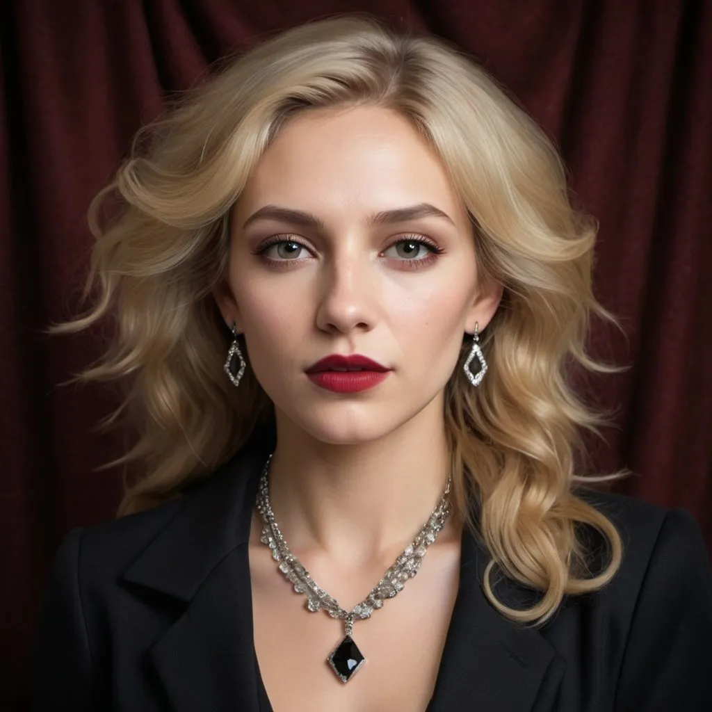 Prompt: create a beautiful photographic portrait of an attractive woman with light skin,  medium blonde, slightly wavy hair with darker roots, deep brown eyes,  in a black wrap dress, black blazer, diamond necklace, diamond stud earrings, red lips, iridescent glitter eyeshadow, in the style of Annie Liebowitz. Old Masters style