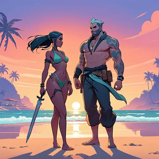 Prompt: Valorant cover art, sage and Raze on the beach at sunset, cartoon illustration