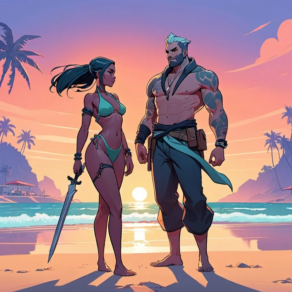 Prompt: Valorant cover art, sage and Raze on the beach at sunset, cartoon illustration