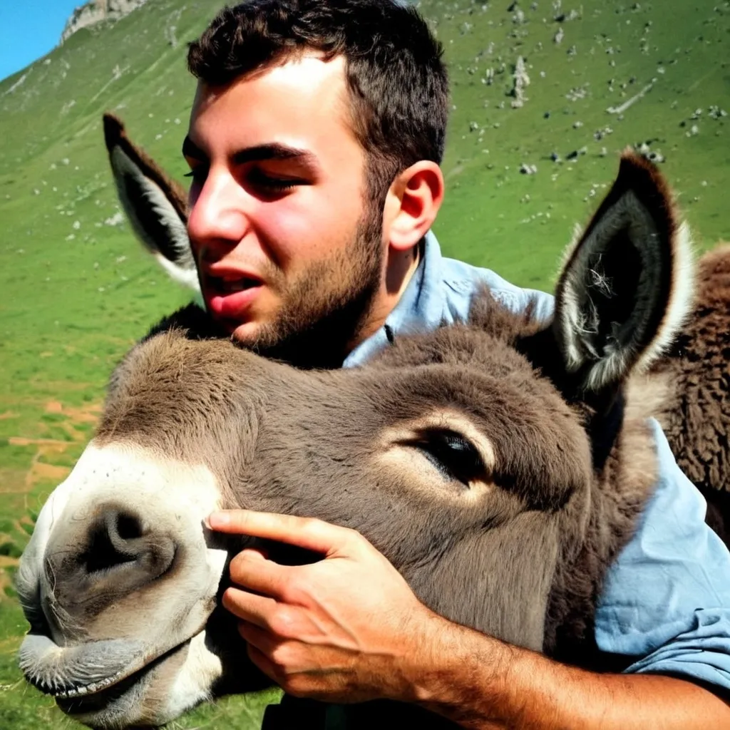 Prompt: a man kiddnapped by donkeys