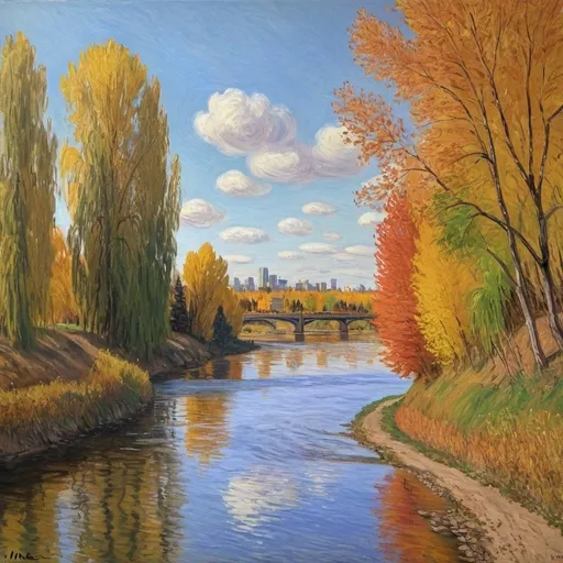 Prompt: River through Edmonton in the fall painted by Monet
