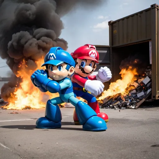 Prompt: Mega Man and Mario are fighting their out of an incredible dumpster fire
