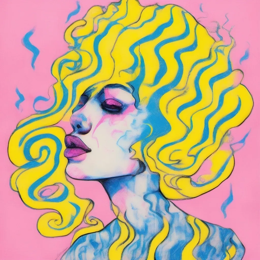 Prompt: Pop art, a woman with blue hair, pink smoke coming out of her head, a yellow background