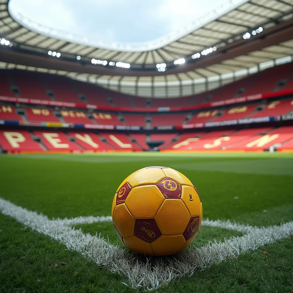 Prompt: Stadion voetbal zonder bal Kleuren rood geel naam tribune tekst Shetlanders 