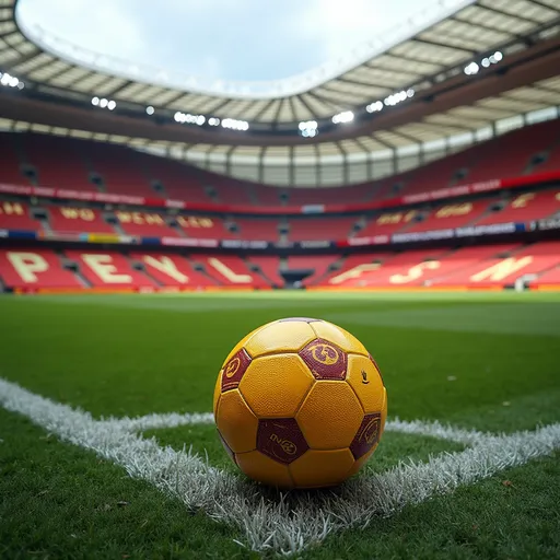 Prompt: Stadion voetbal zonder bal Kleuren rood geel naam tribune tekst Shetlanders 