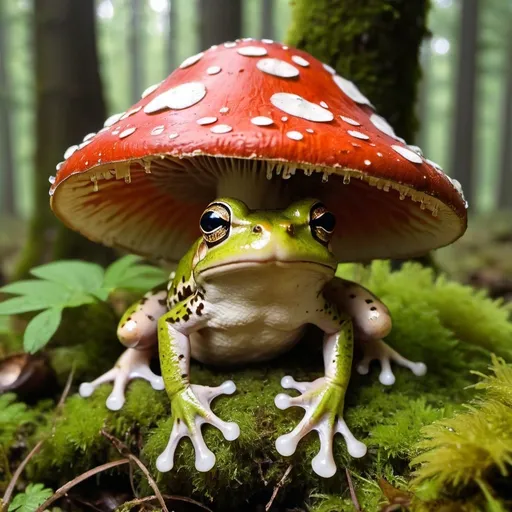 Prompt: 
frog hiding amongst amanita mushroom in forest moss drizzle spotted sun

