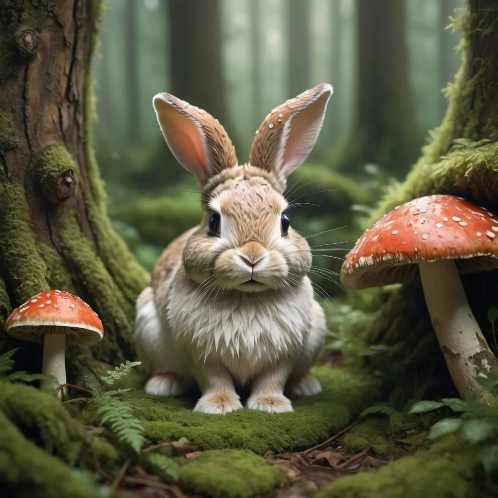 Prompt: sweet realistic bunny hiding amongst amanita mushroom in forest moss drizzle
