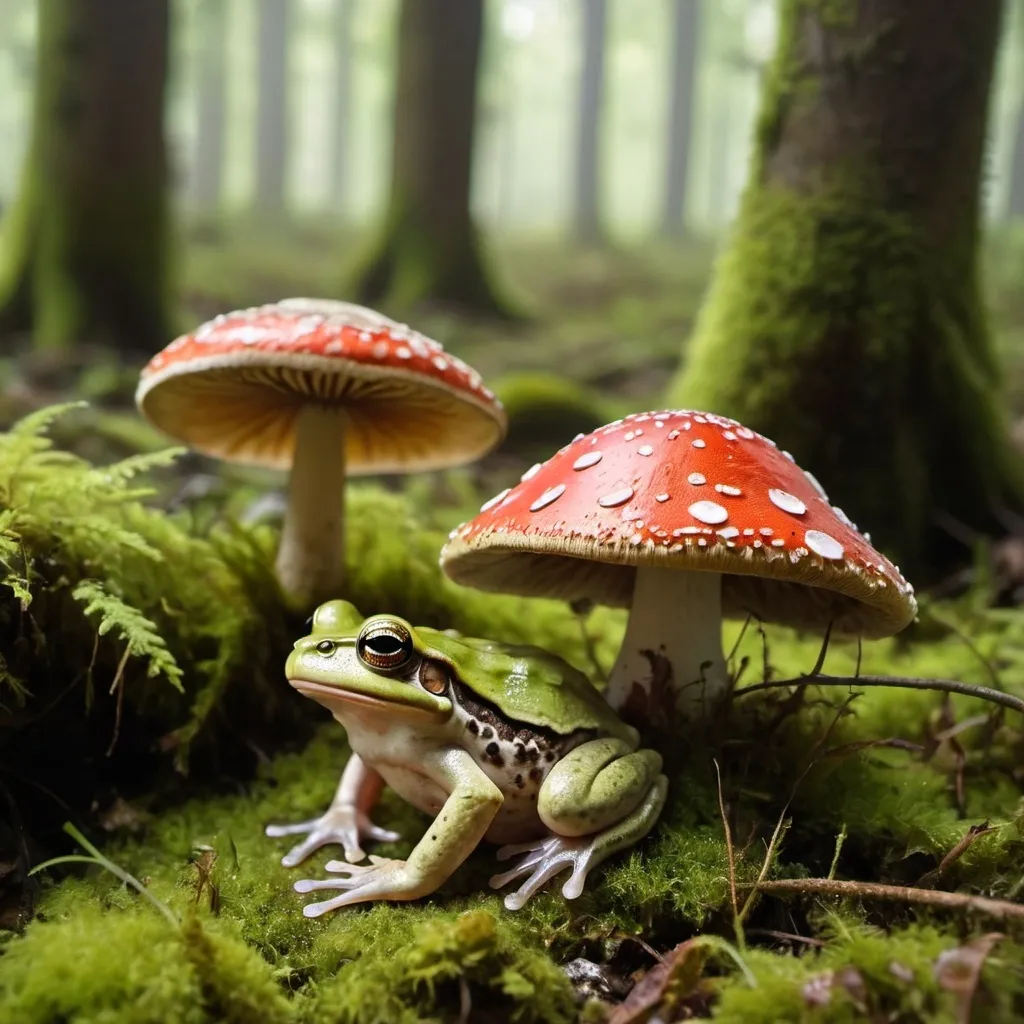 Prompt: 
frog hiding amongst amanita mushroom in forest moss drizzle spotted sun

