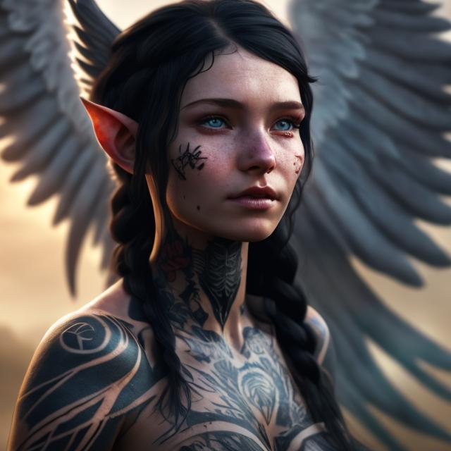 Prompt: human_elve_girl_beautiful_black_hair_tattoos_Octane_rend realistic; 8k, angel wings