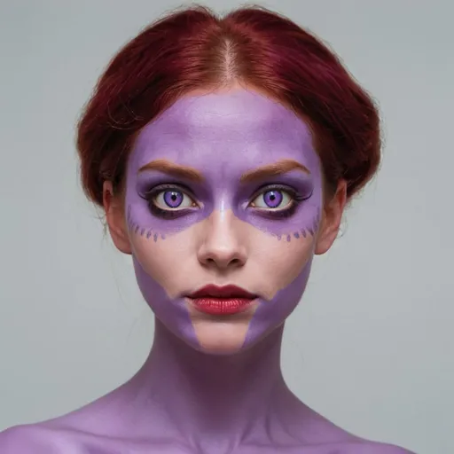 Prompt: a red skinned woman with eyes that have a cat-like purple
