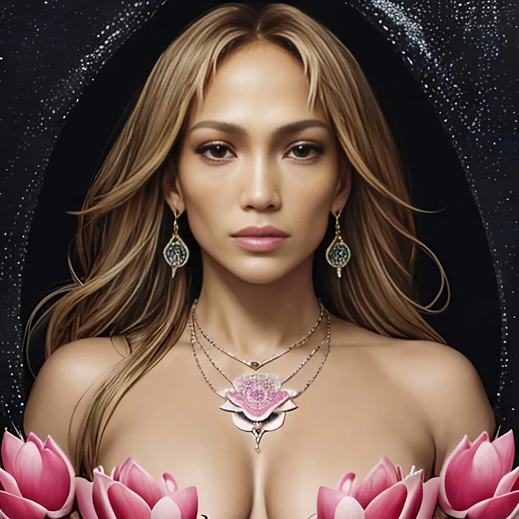 Prompt: Portrait of Jennifer Lopez. She is wearing a necklace shaped like a lotus flower. The necklace is made of crystal.