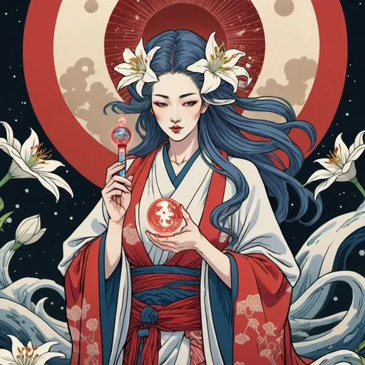 Prompt: Ukiyo-e illustration of the beautiful Mother of all Lillith, holding a vial of blood and a white Lillie, mystical tarot card design, detailed flowing robe, ethereal and radiant aura, vibrant colors, high quality, ultra-detailed, anime, tarot card, mystical, detailed flowing robe, ethereal, radiant aura, vibrant colors