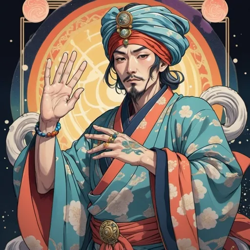 Prompt: Ukiyo-e illustration Mani with a turban and a flowing multicolored robe and jeweled rings on his fingers. mystical tarot card design, detailed flowing robe, ethereal and radiant aura, vibrant colors, high quality, ultra-detailed, anime, tarot card, mystical, detailed flowing robe, ethereal, radiant aura, vibrant colors