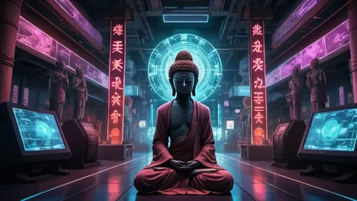 Prompt: Anime cyberpunk illustration of Jizo Bodhisattva connected to the metaverse, expansive room, HD, highly detailed, futuristic, cybernetic enhancements, digital interface, serene expression, intricate circuitry, neon-lit environment, highres, ultra-detailed, anime, cyberpunk, futuristic, technologically advanced, digital landscape, serene expression, expansive space, professional, atmospheric lighting, cinematic