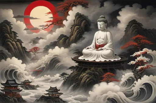 Prompt: Traditional Japanese landscape painting, the Buddha, in white flowing robes, with red piping, descends from the clouds, golden light above, seated on a lotus, highly detailed, dark clouds, Swirling smoke, armies of demonic figures stand in the shadows below, mist, high quality, traditional art, detailed painting, atmospheric lighting, dark and light tones, spiritual warfare