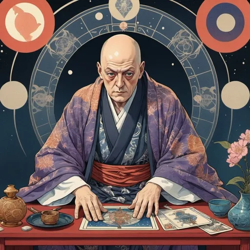 Prompt: Ukiyo-e illustration Aleister Crowley sitting at a desk. mystical tarot card design, detailed flowing robe, ethereal and radiant aura, vibrant colors, high quality, ultra-detailed, anime, tarot card, mystical, detailed flowing robe, ethereal, radiant aura, vibrant colors