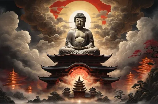 Prompt: Traditional Japanese landscape painting, the Buddha descends from the clouds, golden light above, seated on a lotus, highly detailed, dark clouds and red illuminating lights below, Swirling smoke, armies of demonic figures stand in the shadows below, mist, high quality, traditional art, detailed painting, atmospheric lighting, dark and light tones, spiritual warfare