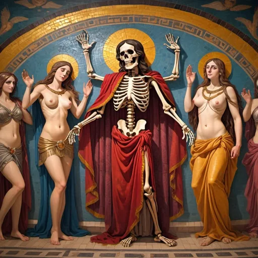 Prompt: (ancient Roman fresco), (Senor Muerte) skeleton lord dressed in lavvish red flowing robes, left handed sycthe, Jesus Nephilim, Mary Magdalene belly dancing, at a lively Roman party, surrounded by (muses, nymphs), stunning scenes of (Roman mythic art), rich in vibrant colors, showcasing intricate details, depicting mythical mythology, authentic Pompeian style, inviting atmosphere, dazzling mosaic designs, warm golden lighting, high-quality 4K resolution.