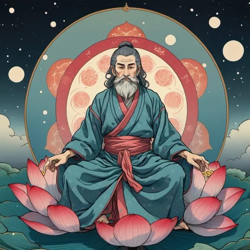 Prompt: Ukiyo-e illustration Bardaisan, a syrian philosopher, sitting on a lotus flower, serene, brightly coloured flowing robes, zodiac signs in the sky. mystical tarot card design, detailed flowing robe, ethereal and radiant aura, vibrant colors, high quality, ultra-detailed, anime, tarot card, mystical, detailed flowing robe, ethereal, radiant aura, vibrant colors