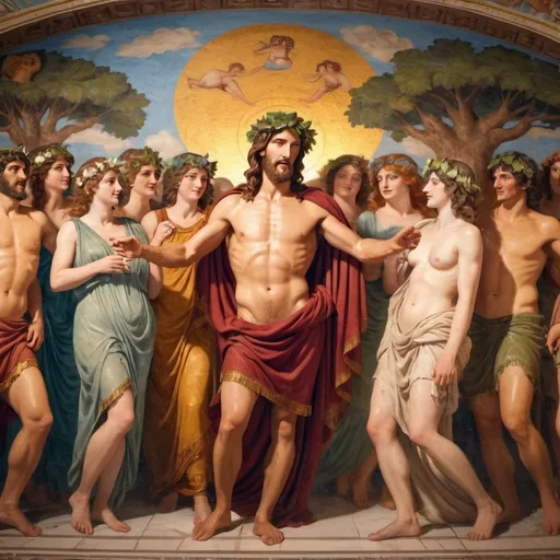 Prompt: (ancient Roman fresco),  Jesus christ in the form of Dionysus , at a lively Roman Bacchanalia party, surrounded by (muses, nymphs), stunning scenes of (Roman mythic art), rich in vibrant colors, showcasing intricate details, depicting mythical mythology, authentic Pompeian style, inviting atmosphere, dazzling mosaic designs, warm golden lighting, high-quality 4K resolution.