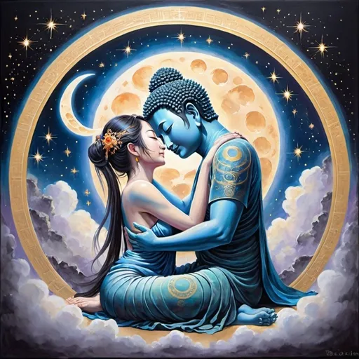 Prompt: Fantasy art painting of a Japanese style Buddha embracing the Moon Goddess, tantra, cosmic, crescent moon, stars, high quality, detailed painting, fantasy art, celestial theme, serene color tones, ethereal lighting, intricate details, peaceful union, divine embrace, mystical atmosphere
