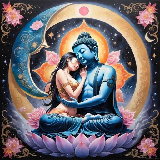 Prompt: Fantasy art painting of a Japanese style Buddha entwined in tantra with the goddess, cosmic, crescent moon, stars, high quality, detailed painting, fantasy art, celestial theme, serene color tones, ethereal lighting, intricate details, peaceful union, divine embrace, mystical atmosphere
