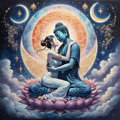 Prompt: Fantasy art painting of a Japanese style Buddha embracing the Goddess, tantra, cosmic, crescent moon, stars, high quality, detailed painting, fantasy art, celestial theme, serene color tones, ethereal lighting, intricate details, peaceful union, divine embrace, mystical atmosphere