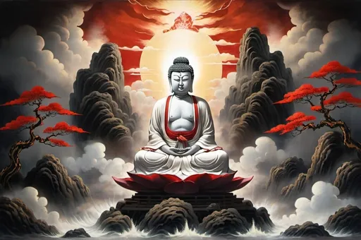Prompt: Traditional Japanese landscape painting, the Buddha, in white flowing robes, with red piping, descends from the clouds, golden light above, seated on a lotus, highly detailed, dark clouds and red illuminating lights below, Swirling smoke, armies of demonic figures stand in the shadows below, mist, high quality, traditional art, detailed painting, atmospheric lighting, dark and light tones, spiritual warfare