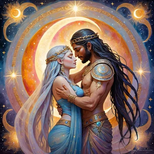 Prompt: Fantasy Ugarit inspired art painting of divine union: Ba'al embraces Anat, the goddess entwined with the god, cosmic, crescent moon, stars, high quality, detailed painting, fantasy art, celestial theme, serene color tones, ethereal lighting, intricate details, peaceful union, divine embrace, mystical atmosphere, beautiful soft illuminating hues of color. 