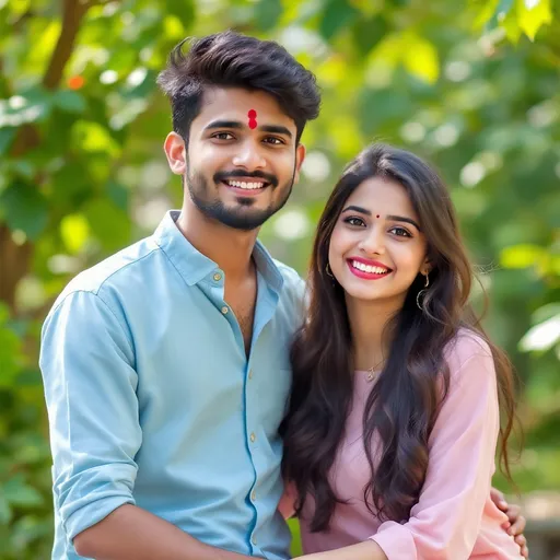 Prompt: In a vibrant outdoor setting, two young individuals pose comfortably together, radiating warmth and joy. The young man, dressed in a light blue button-up shirt, sports a playful smile and a traditional red mark on his forehead, suggesting a cultural touch. Next to him, a young woman shines in a soft pink top, her long hair cascading down her shoulders as she smiles brightly, exuding friendliness. The lush greenery in the background enhances the cheerful atmosphere, while dappled sunlight adds a gentle glow to their faces, highlighting the connection and camaraderie shared between them. This moment captures a blend of youthful spirit and cultural significance, set against a natural backdrop that emphasizes their carefree nature.
