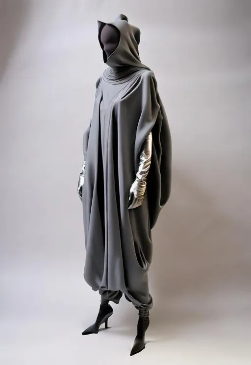 Prompt: Create a dark gray fabric. Create an amorphous fabric. Create an oversized jumpsuit with a large hood. Create a voluminous jumpsuit. Create a helmet. Create a glove. Create fabric layers. Draped fabric. Create an amorphous shape. Create deconstructed clothing. Create an sophisticated person. The face is covered.The figure stands in 3/4.Luxurious fabric texture, high quality, realistic photo, professional lighting,ultra detailed. High quality photo.