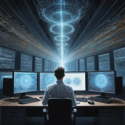 Prompt: a highly detailed mesmerizing artwork in a painting style portraying an intelligent IT engineer immersed in the creation of groundbreaking solutions for transitioning insurance databases to the cloud. Envision a scene where holographic displays illuminate the engineer's surroundings, casting a surreal glow as lines of code dance in the air.
Second person in the room picking data from the cloud in accordance his needs. He is happy and satisfied. Capture the essence of visionary innovation as the engineer orchestrates a symphony of data, weaving intricate patterns of connectivity and efficiency. 