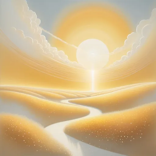 Prompt: In the upper portion, a radiant golden sun emanates a subtle glow, its warm light spreading across the daytime sky. Scattered across this celestial canvas are delicate, semi-transparent clouds rendered in soft white, their gentle presence acknowledging life's passing challenges without letting them dominate the scene.
A winding path, visualized through a dotted white line, weaves its way from the bottom to the top of the composition, representing the personal journey described in the lyrics. This path's curved nature suggests the natural flow and movement referenced throughout the song.
The central focus of the design features a simple yet powerful silhouette figure, positioned thoughtfully in the lower third of the composition. This figure stands with arms outstretched in a gesture of embrace and freedom, embodying the song's themes of self-acceptance and personal empowerment.
Stars punctuate the upper portions of the artwork, each one enhanced with a subtle glow effect that makes them appear to twinkle against the deepening sky. These celestial elements reference the nighttime imagery in the lyrics while adding a touch of wonder and peace to the overall composition.
The title "Being Myself" anchors the bottom of the design in bold, clear typography. The text sits confidently against the darker portion of the gradient, its white lettering creating a strong contrast that ensures legibility while maintaining the artwork's minimalist aesthetic.