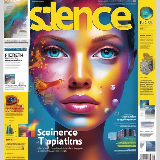 Prompt: (potent visual of a science magazine cover), (vibrant and engaging layout), recent discoveries highlighted, informative articles showcased, dynamic infographics, captivating illustrations, sleek and modern design, polished finish, extending across topics like technology, biology, and astronomy, (eye-catching typography), creative color palette to draw attention, high-quality imagery, (4K, ultra-detailed).