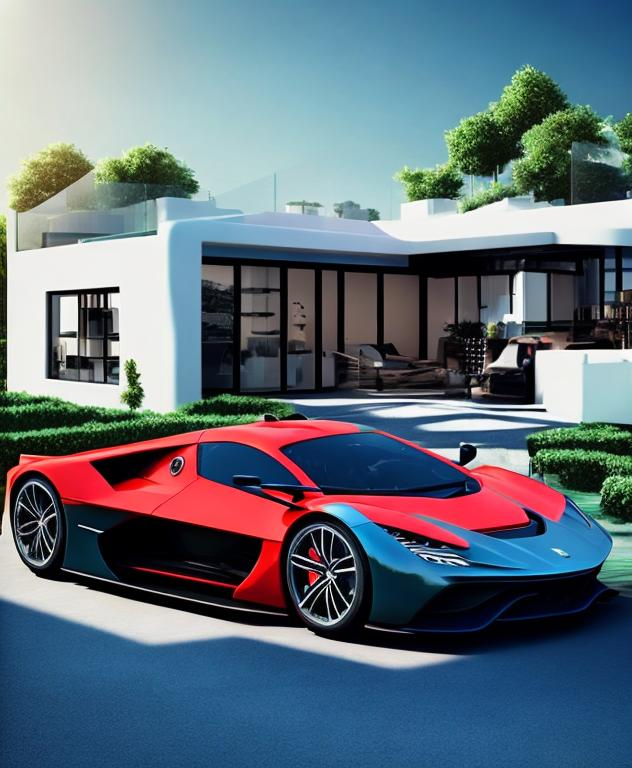 Prompt: cosmopolitan, fancy house, super car, advertisement, 