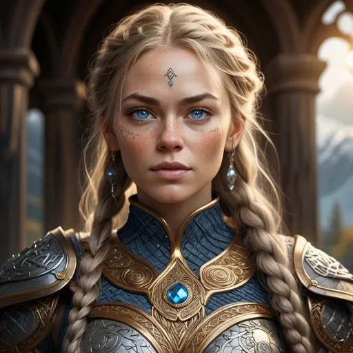 Prompt: Concept art of female Viking valkyrie, highly detailed skin, freckles, curvy, she wears highly detailed golden armor that is embossed with lots of norse or celtic knotwork designs made from metal, armor has embedded jewels, viking Scale armor, Mammen Style Knotwork, Stave church designs, Armor and background elements should use Urnes style scandinavian knotwork, perfect face and iris, blue eyes, hair in viking braids, full body, Hyperrealism, Film Photography, concept art portrait by Greg Rutkowski, Anna Dittmann, Artstation, 8k, sharp focus, (masterpiece), top quality art, Mythical, cinematic lightning, ultra digitality, Dramatic, ((Expansive)), Sunlight/Magic Particles, sword held in hand, in Valhalla, Asgard, Yggdrasil, Bifrost
